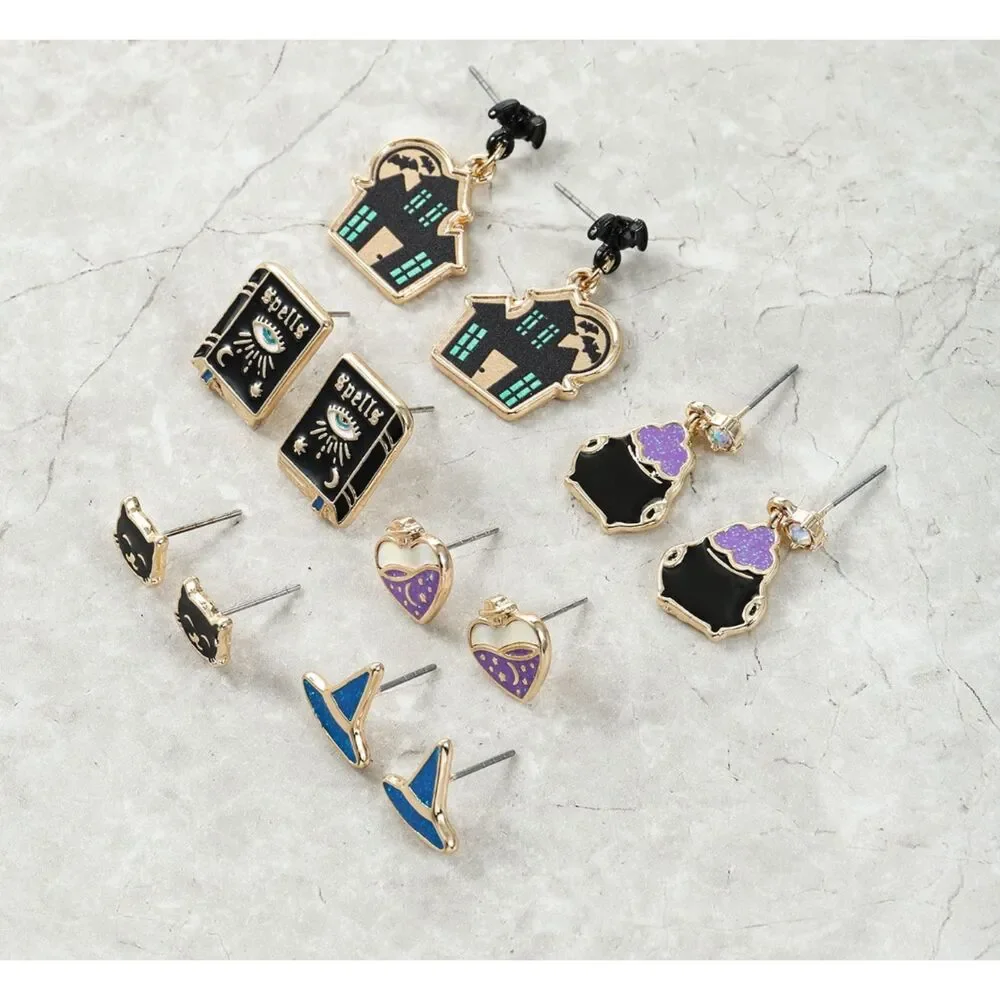Way to Celebrate Halloween Motif Earrings, Multicolored, Goldtone, 6 Pairs